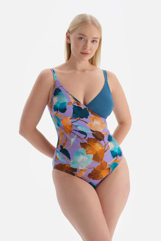 Lilac Petrol Green Corset Wrap-Up Swimsuit Plus Size